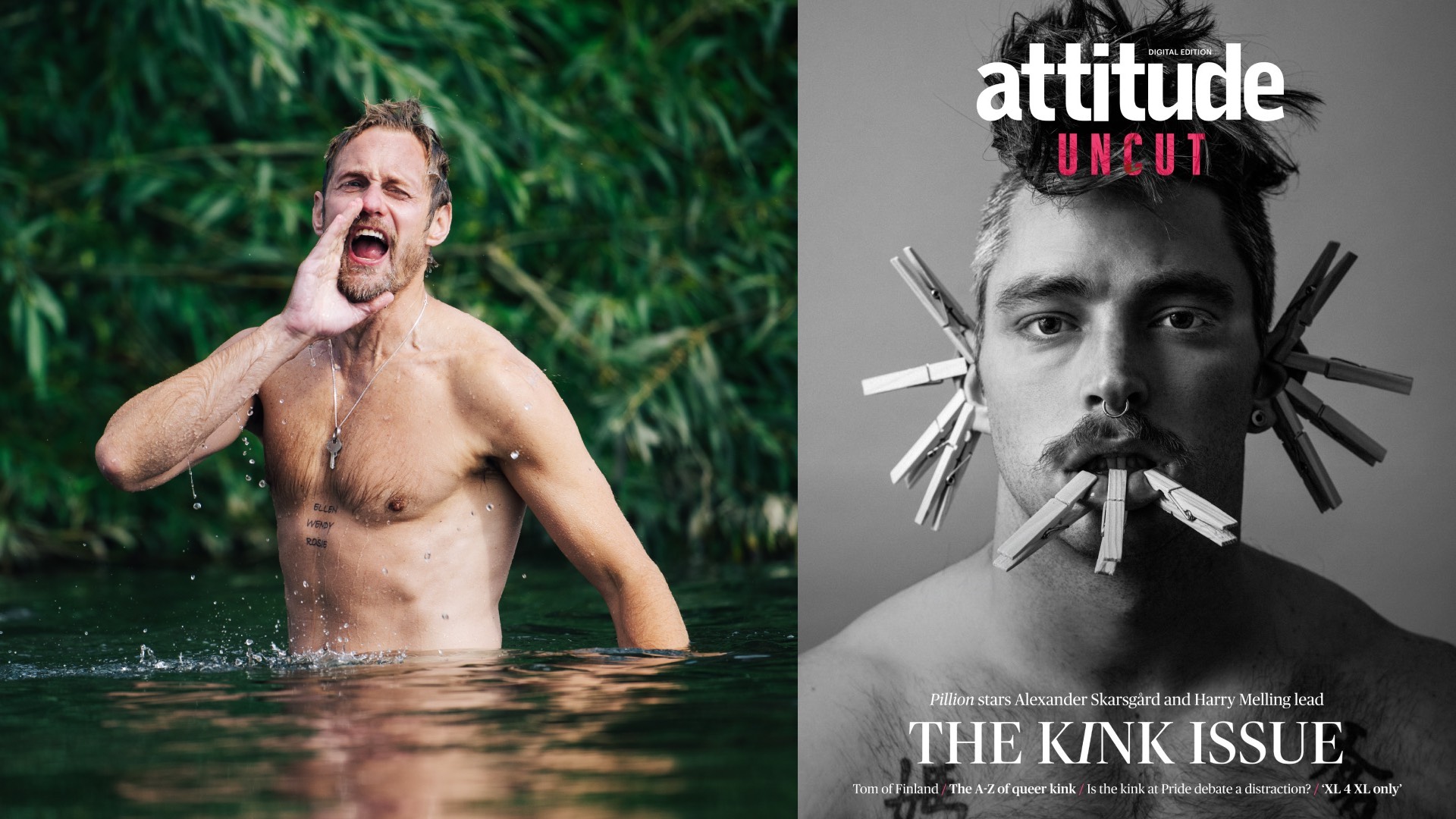 Alexander Skarsgård topless in water in a still from Pillion, and right, the cover of the inaugural issue of Attitude Uncut, featuring a model with pegs attached to his face (Images: Picturehouse/Attitude/Charles Moriarty)