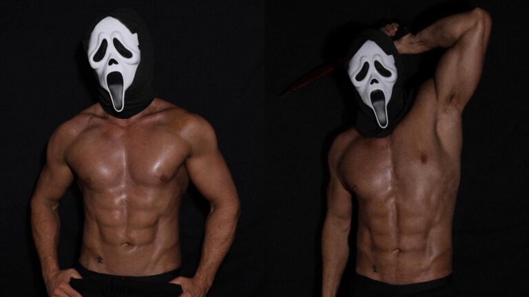 Chris Appleton posing shirtless in a Scream mask
