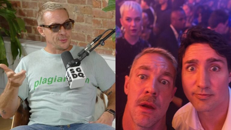 Diplo on a podcast; in a selfie with Justin Trudeau and Katy Perry