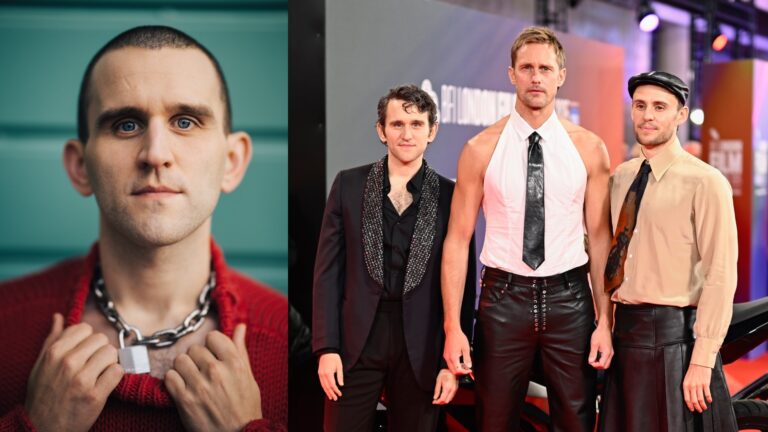 Harry Melling in Pillion, with a lock around his neck, and right, in a black suit at London Film Festival with Alexander Skarsgård and Harry Lighton