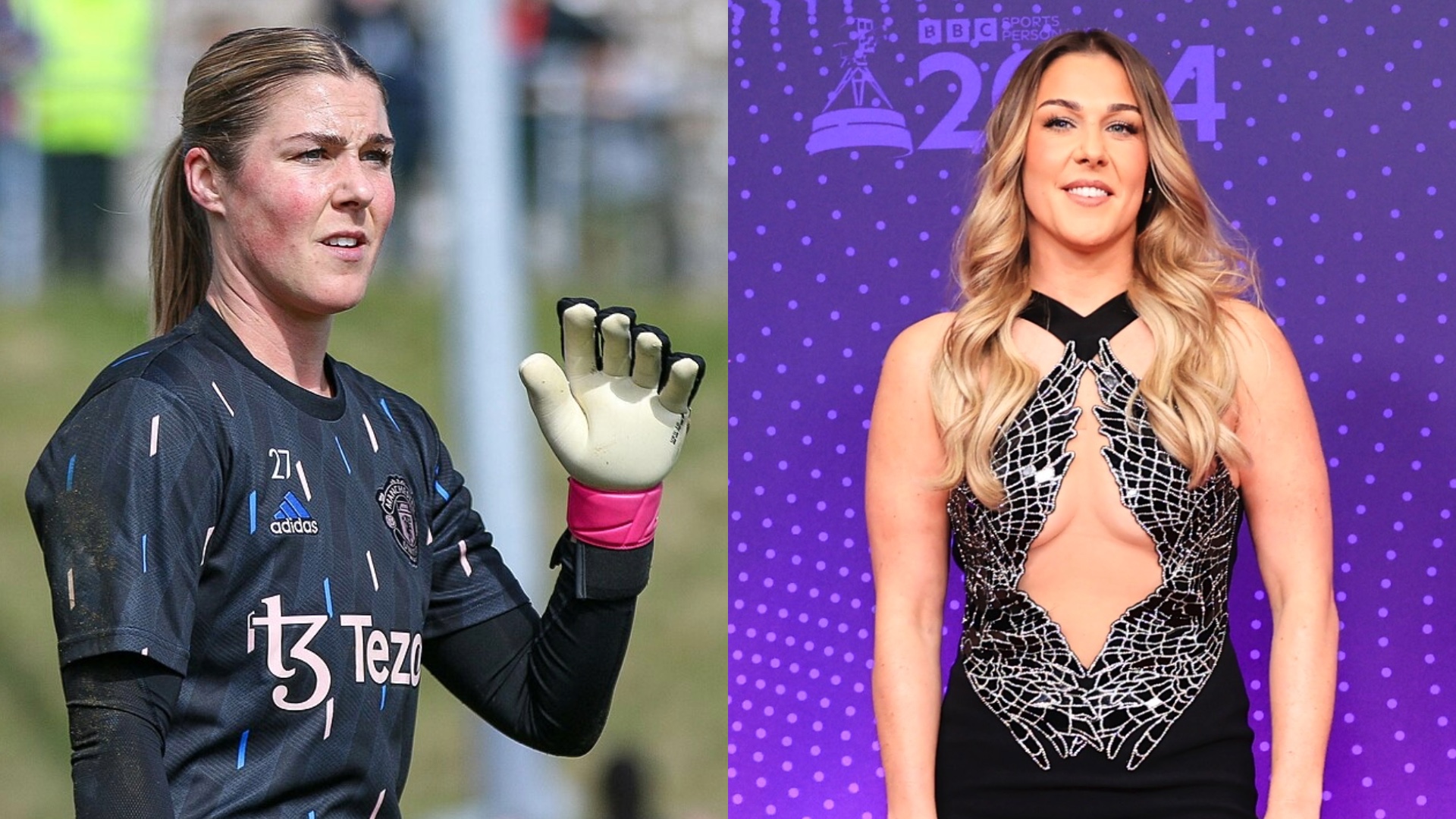 Mary Earps on the football pitch and attending the BBC Sports Personality Of The Year 2024