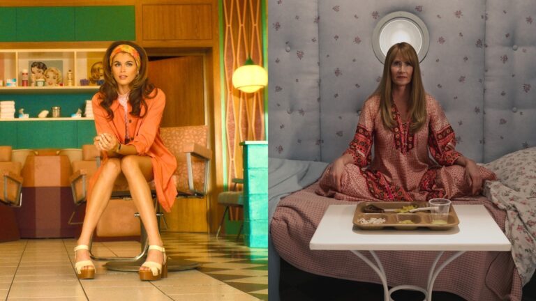 Kaia Gerber and Laura Dern in Palm Royale; Kaia in an orange dress in a living room with a green wall, Laura in a pink dress sitting in a padded cell before a meal on a tray