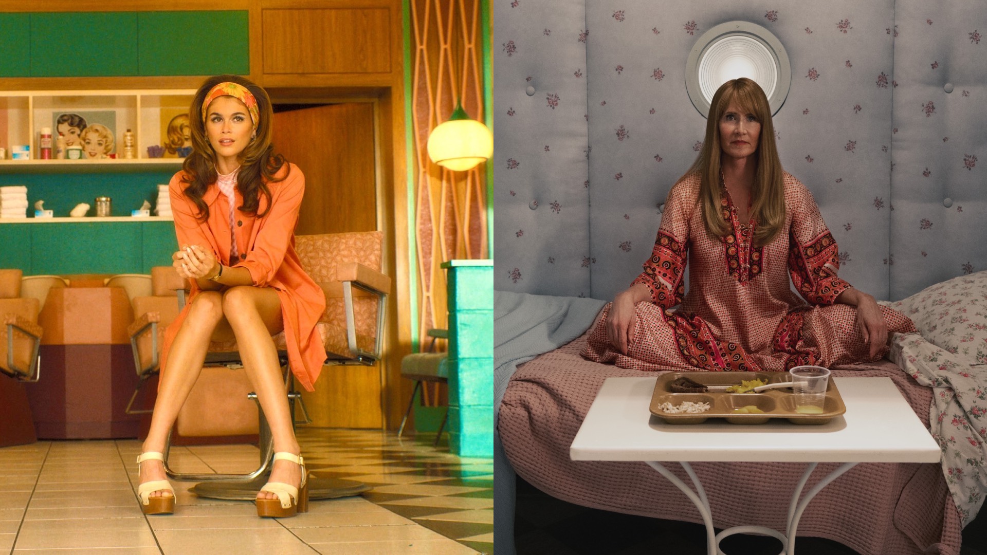 Kaia Gerber and Laura Dern in Palm Royale; Kaia in an orange dress in a living room with a green wall, Laura in a pink dress sitting in a padded cell before a meal on a tray