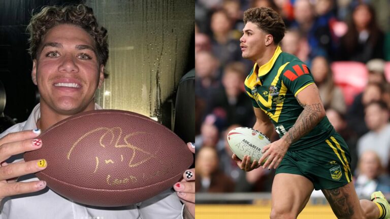 Reece Walsh holding up a rugby ball, twinned with him on the pitch