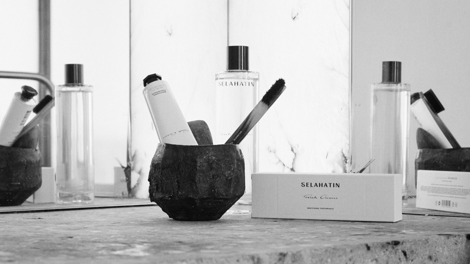 lifestyle shot of the Rick Owens x Selahtin oral care collection