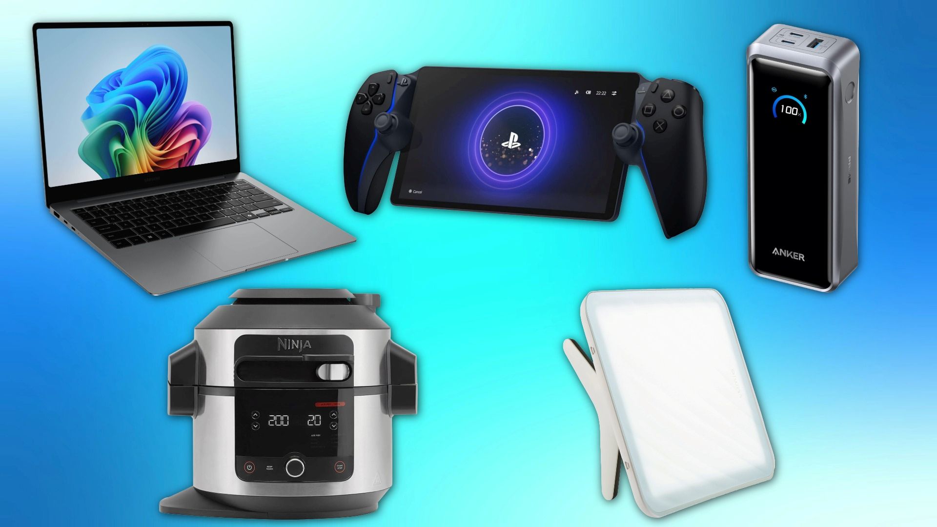 A selection of tech products overlaid on a blue backdrop