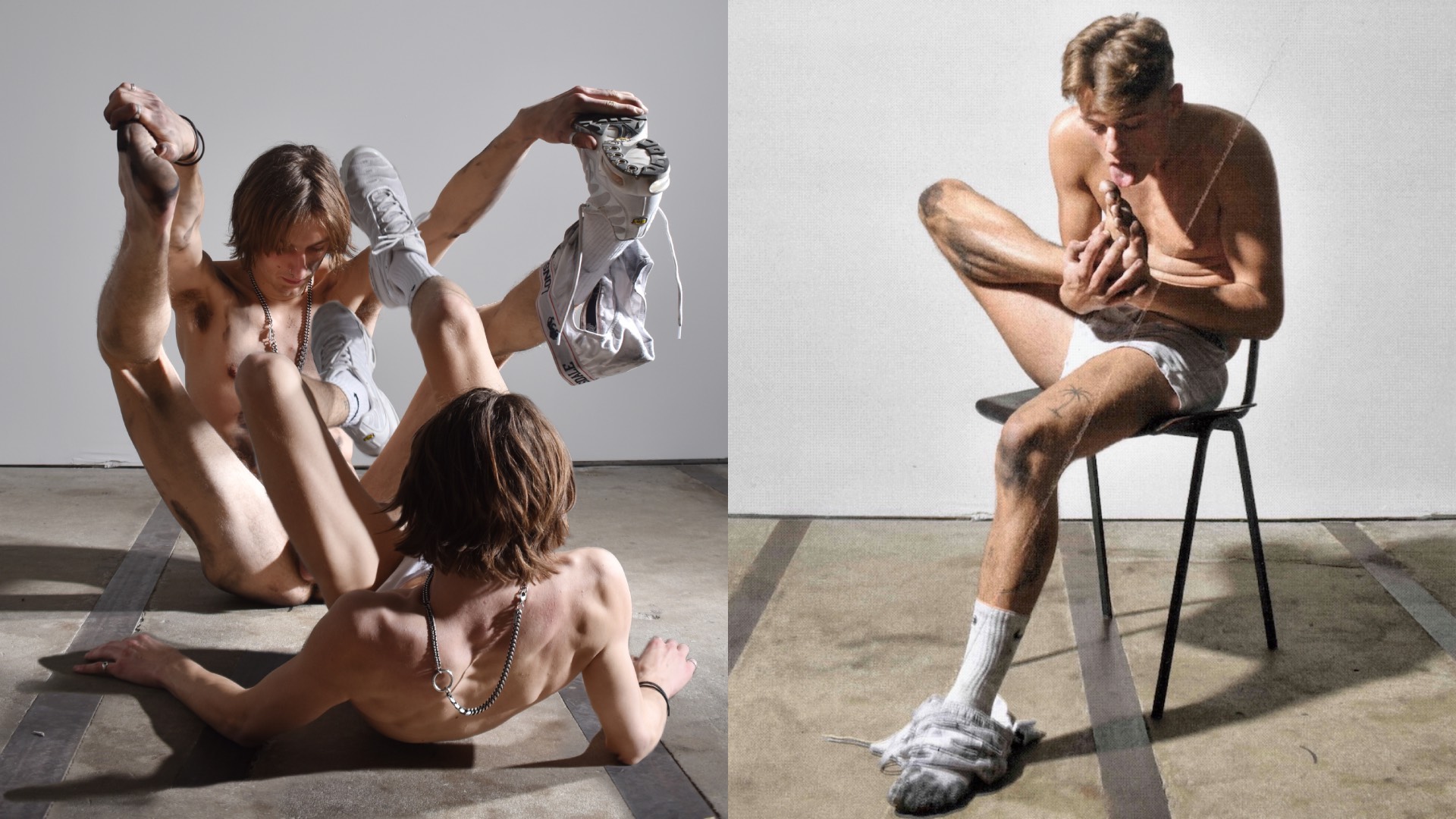 a composite of two images, on the left two people in underwear waving their feet in the air, and on the right, a man sitting on a chair licking his foot