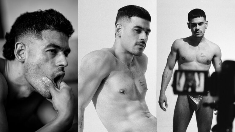 A composite of three black and white images of the interviewee, one of his touching his chin, one of him topless and sitting and one of him standing topless before a camera