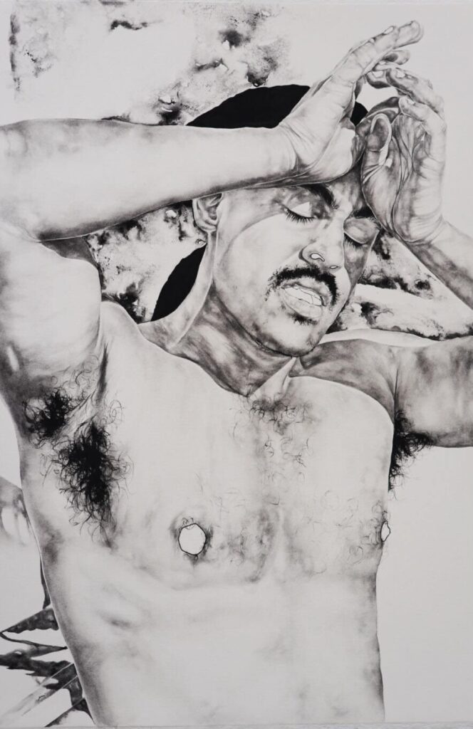 One of the artist's pieces showing him topless with his hands pressed against his forehead