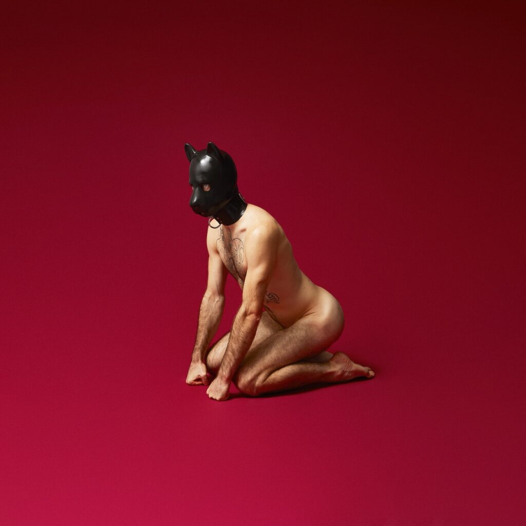 A model poses for Matt Ford naked in a dog leather mask against a red backdrop