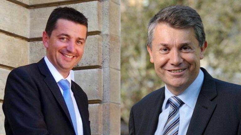 Gaël Perdriau and Gilles Artigues in suits