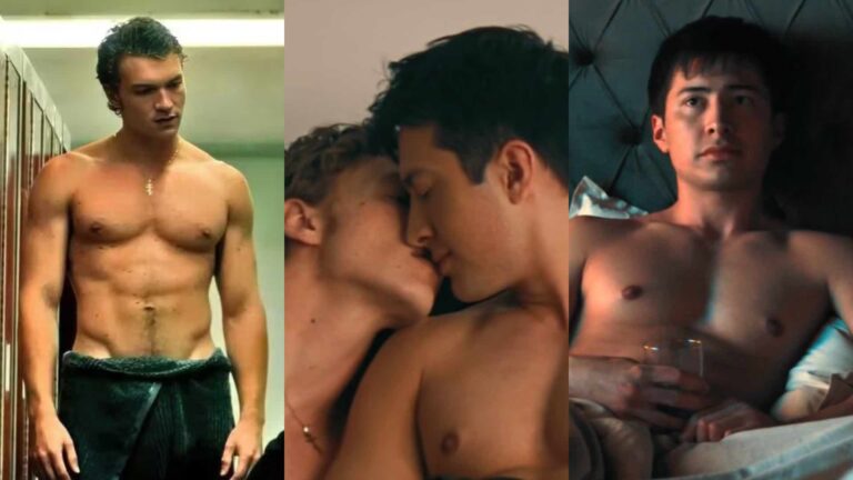 Heated Rivalry shirtless actors kissing