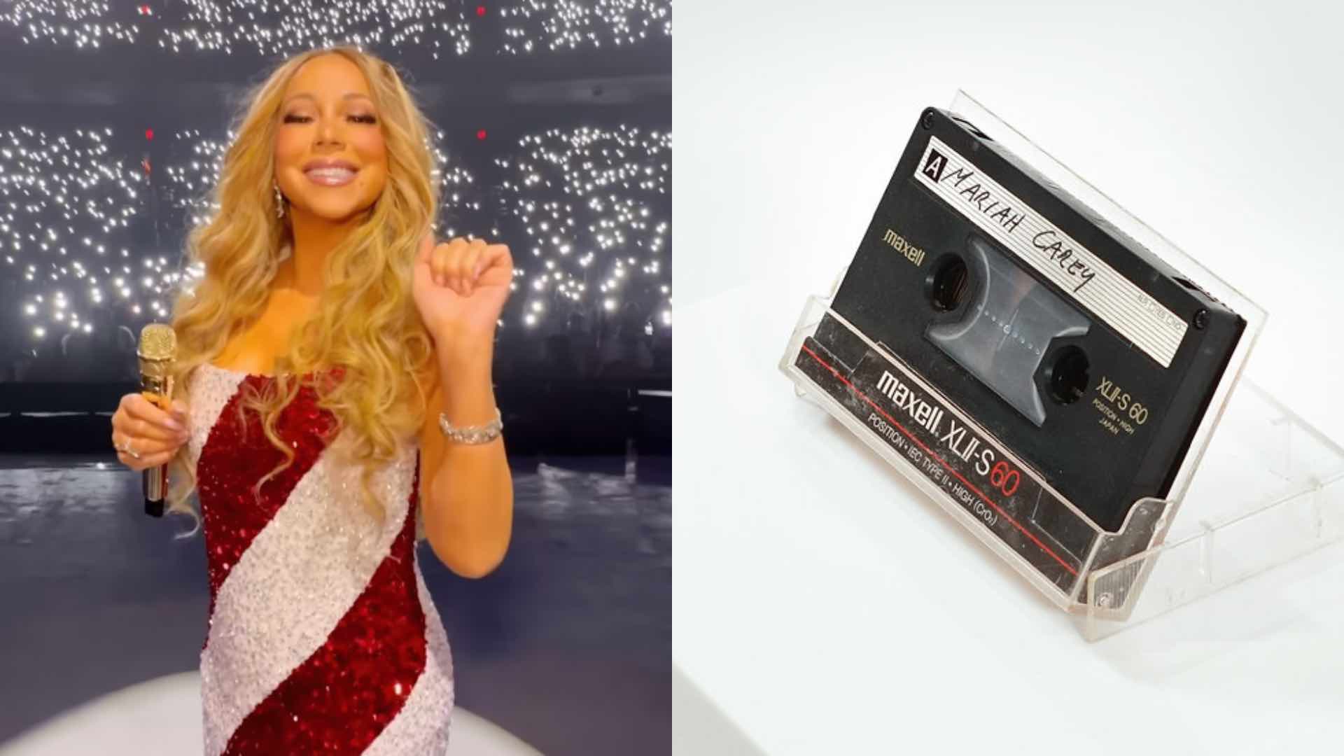 Mariah Carey in red and white dress with her 988 demo cassette tape