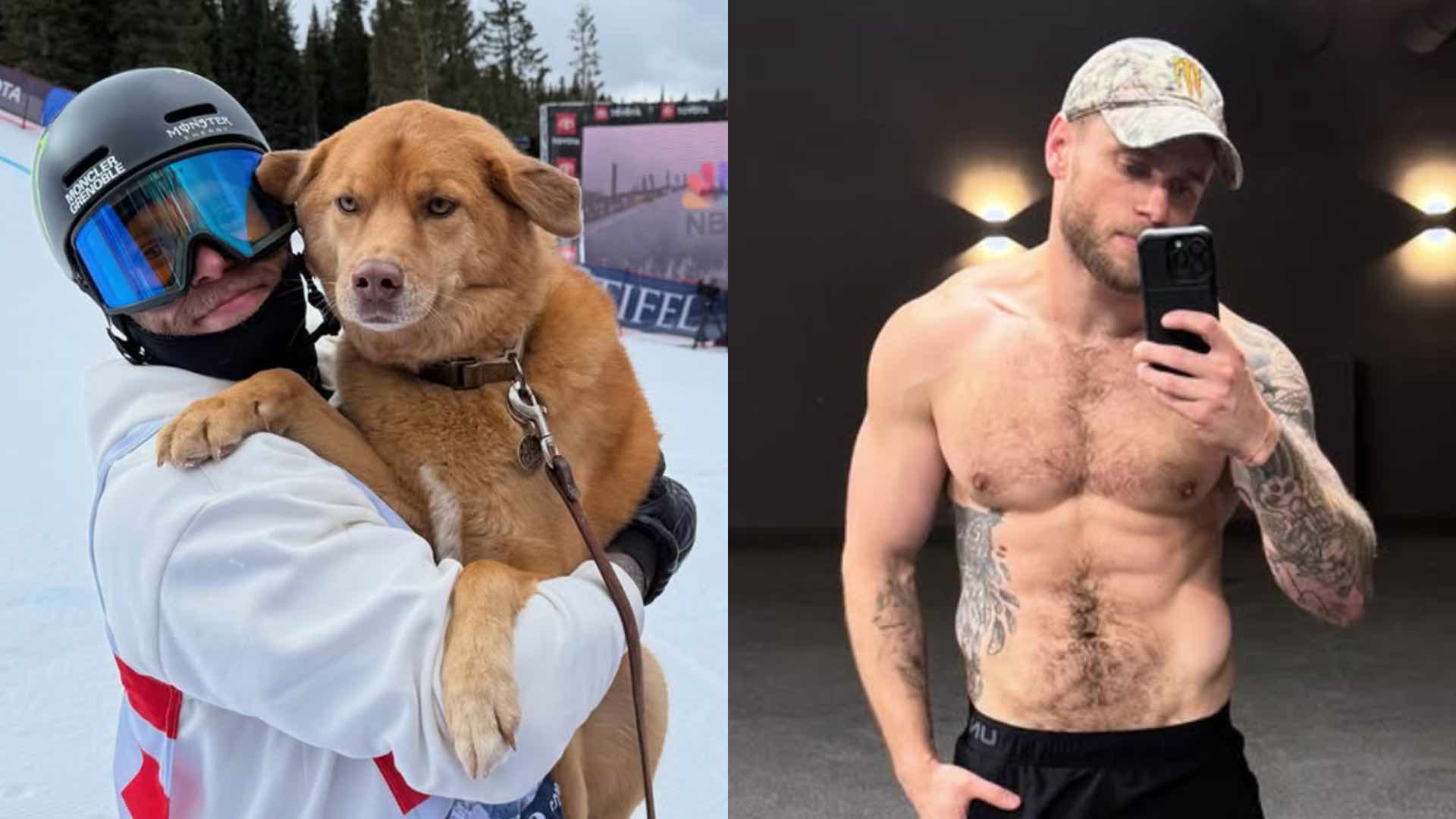 Gus Kenworthy with dog and shirtless