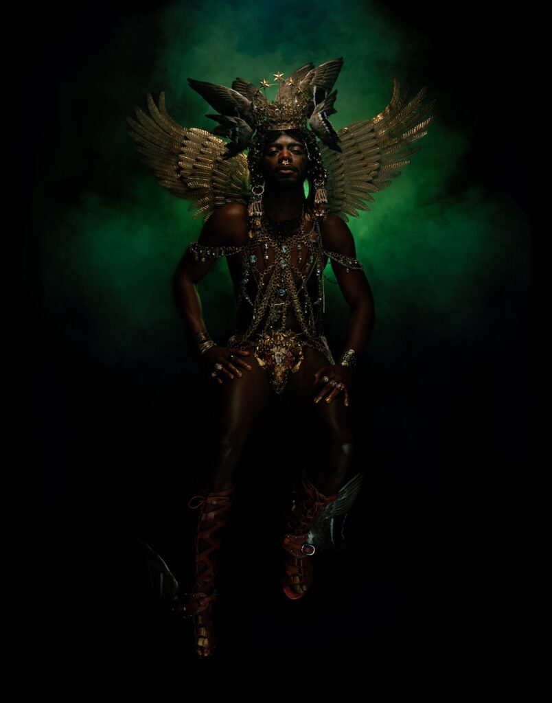 Sapienta VIII &copy; David Charles Collins - a man in a gold headdress, wings and body work