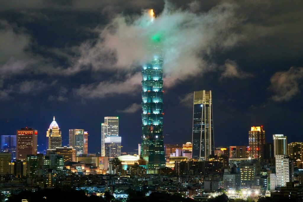 Taipei skyline showing 101 building covered in clouds