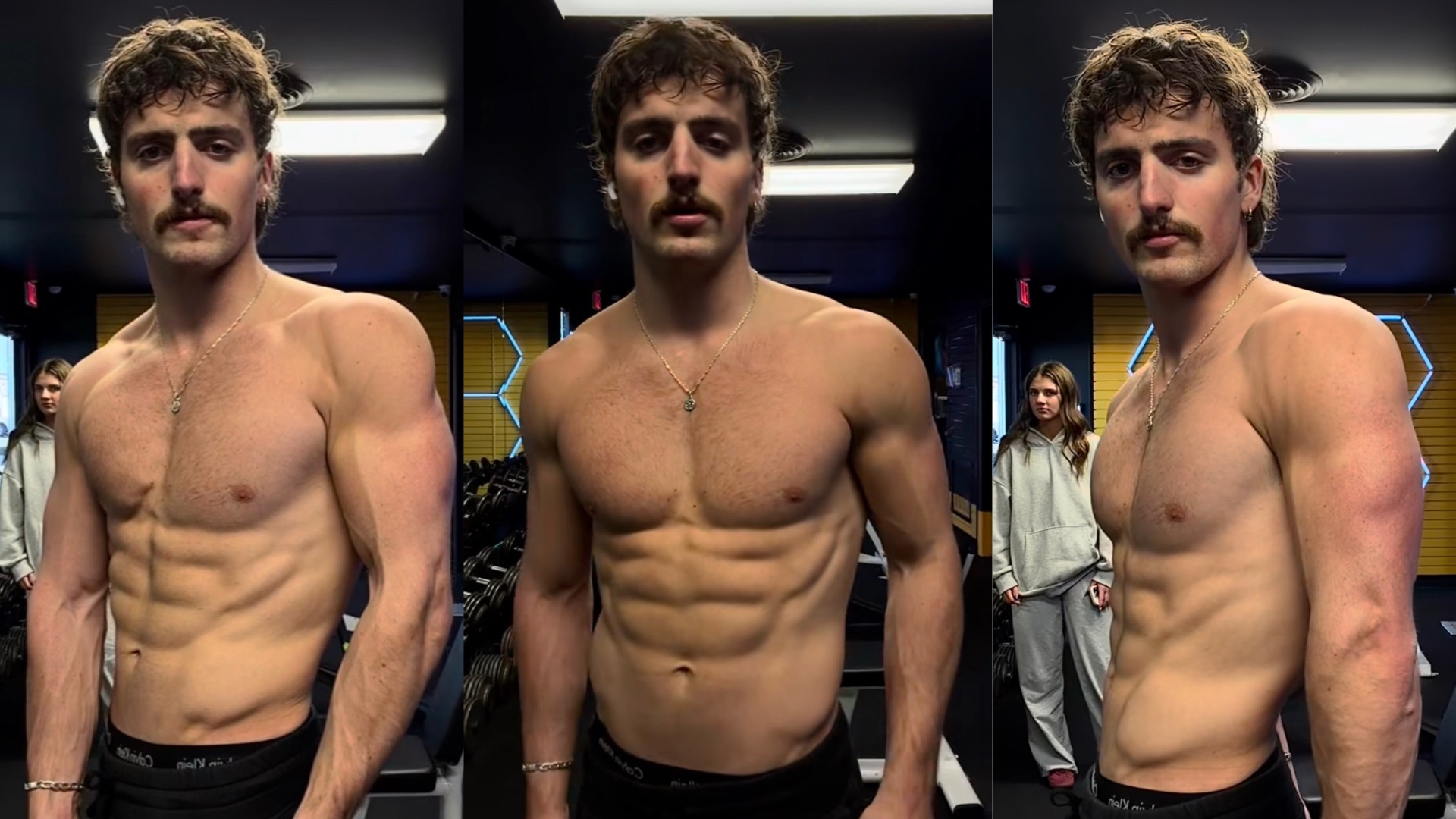 Shirtless Benson Boone at the gym