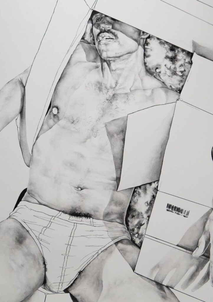 another of the artist's works, showing the artist lying down holding a box