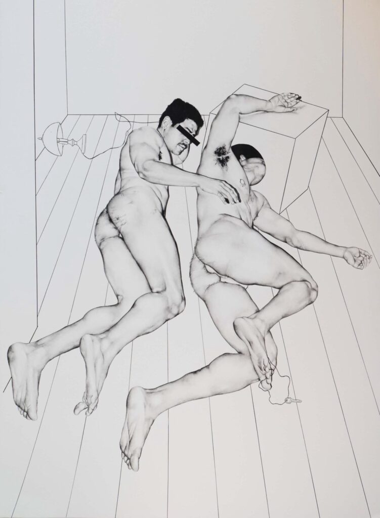 one of the artist's works featuring two of him lying down together on a floor, black and white