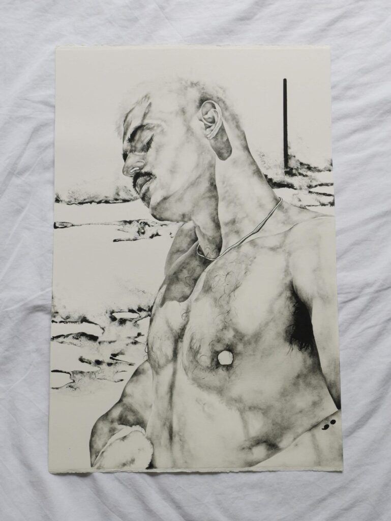 a work of the artist laid on a bed, topless with head tilted 