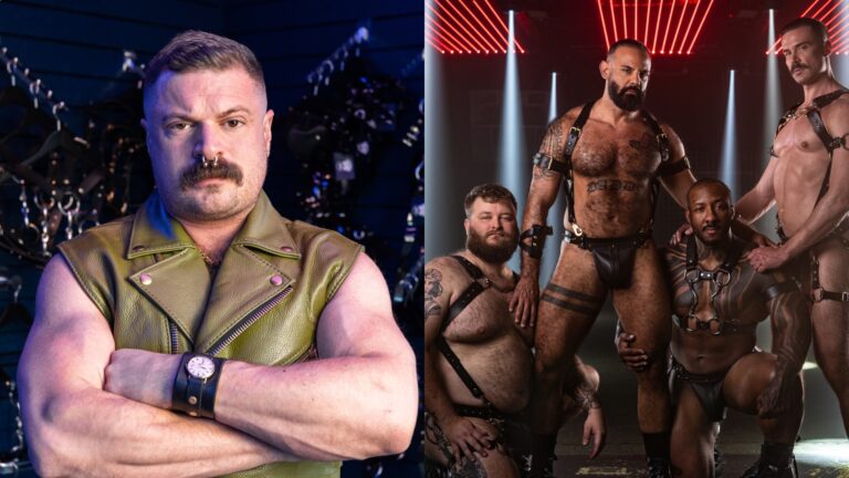 a composite of images - on the left, Fetish Daddy's Ollie Spragley in a green leather vest, an right, four models posing in leather harnesses and underwear