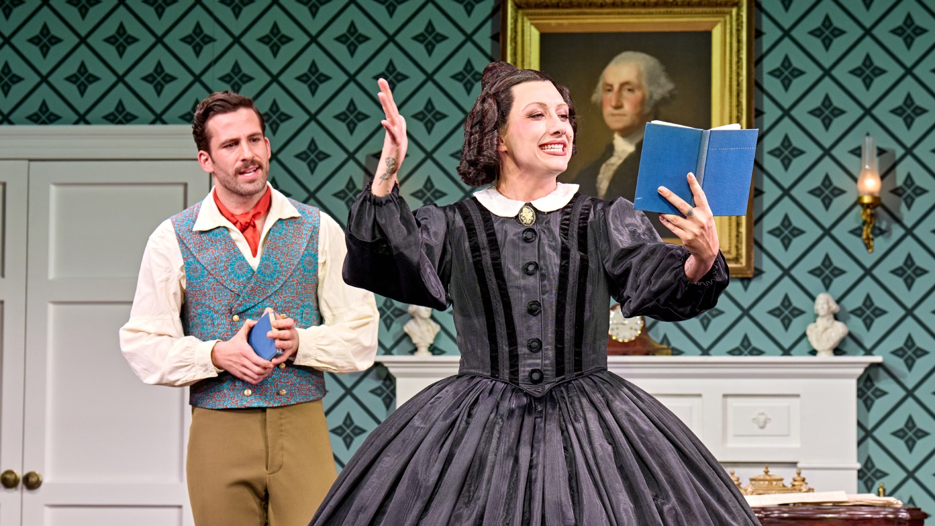 Dino Fetscher (Mary's Teacher) and Mason Alexander Park (Mary Todd Lincoln) in Oh, Mary!, in period dress