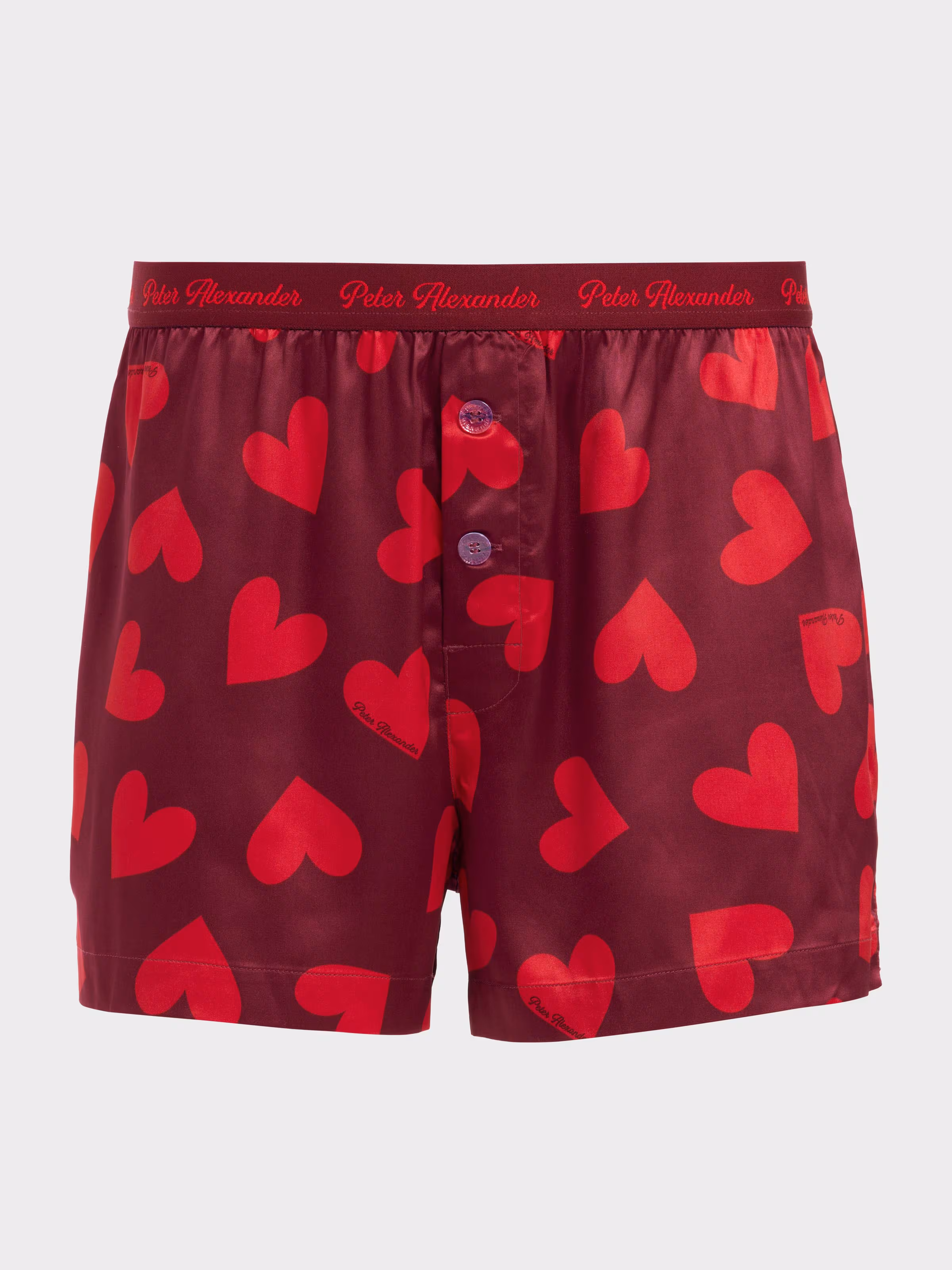 A product shot of the Peter Alexander satin heart shorts from the brand's Valentine's Day collection
