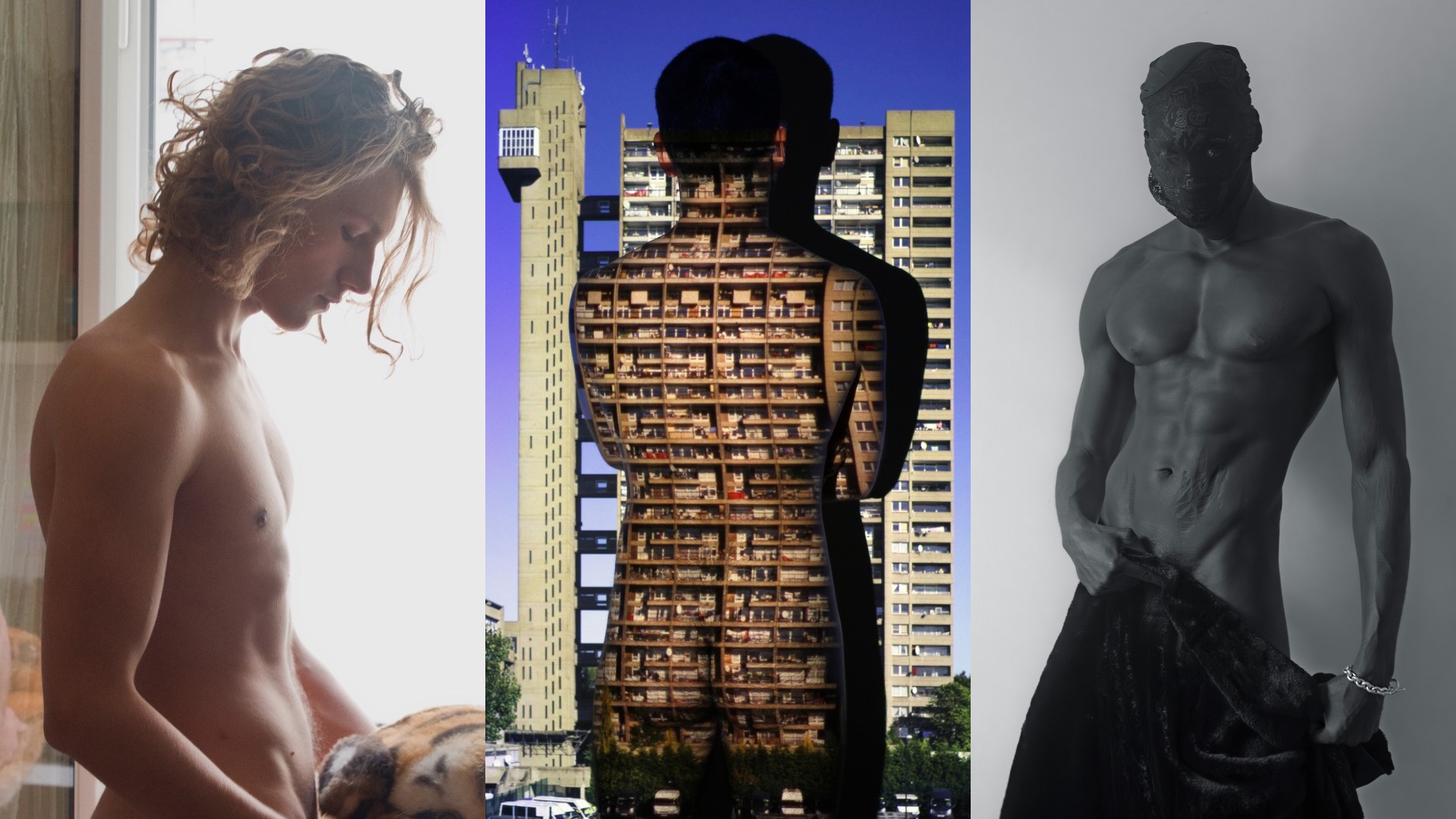 A composite of 3 images: the first is A photograph by Nigel Grimmer depicting the back of a nude body over the top of a tower block; the second is a ; the third is black and white photograph by Michael Epps showing a topless model in a black mask