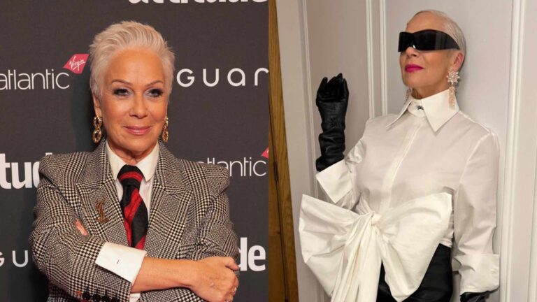 Denise Welch in a suit and tie on the red carpet of the Virgin Atlantic Attitude Awards, powered by Jaguar