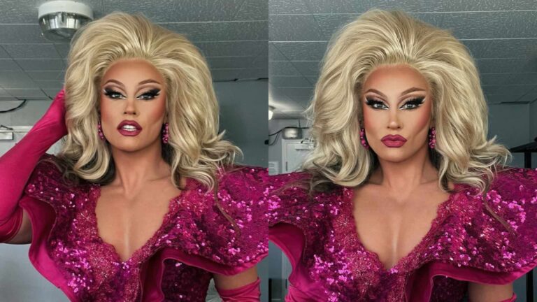 Ella Vaday in a pink dress and blonde wig