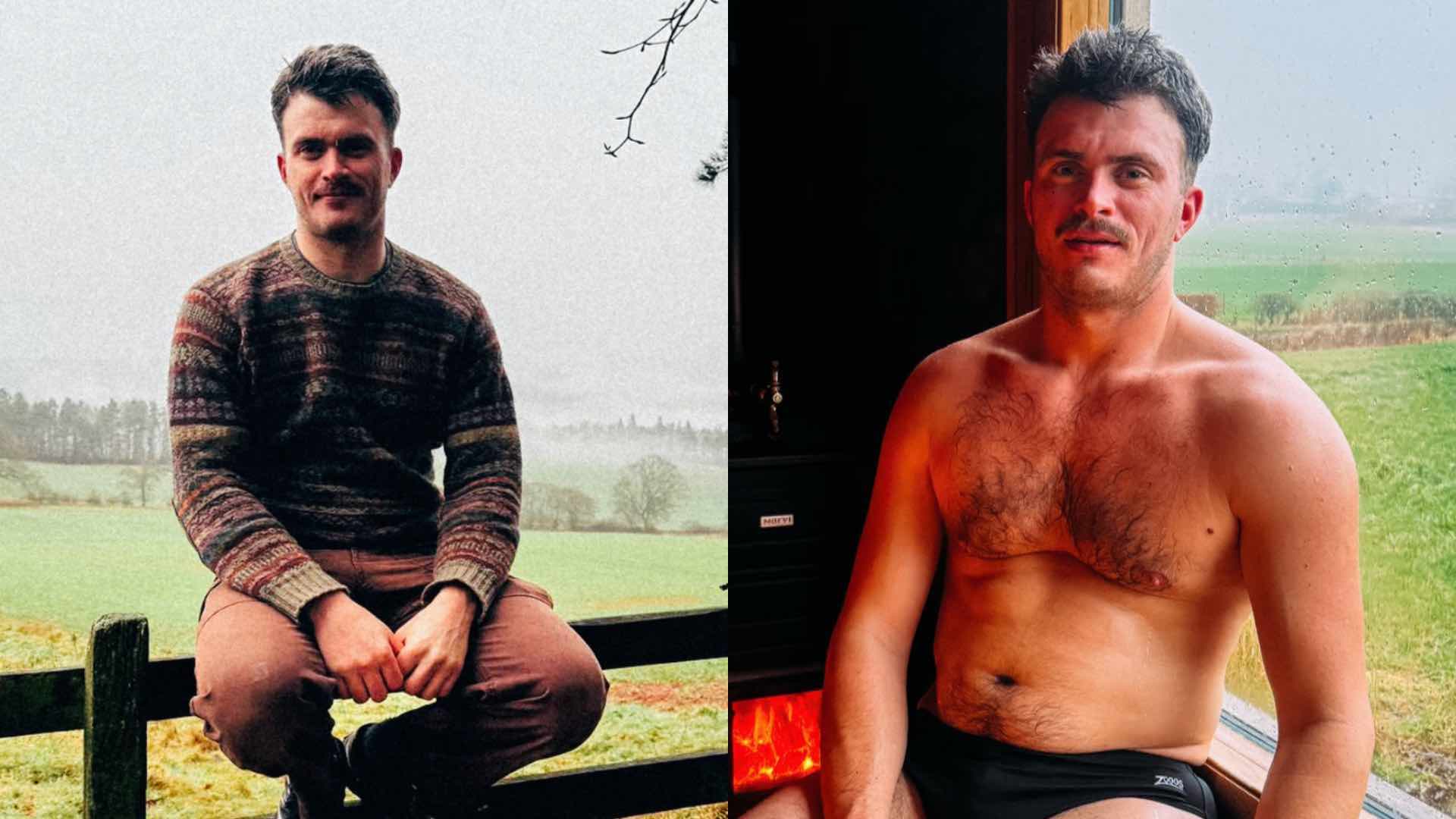 Matthew Hyndman in a field and shirtless in a sauna