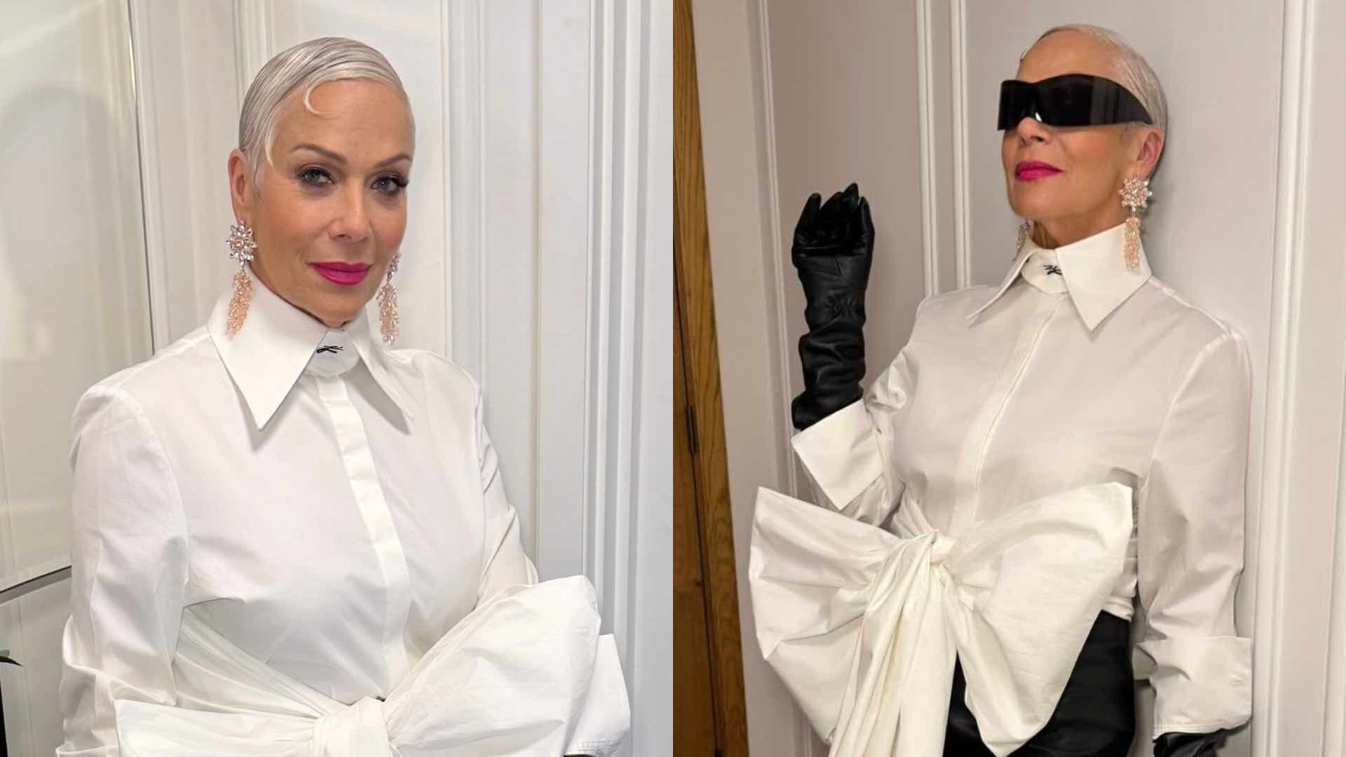 Denise Welch in white outfit with sunglasses on