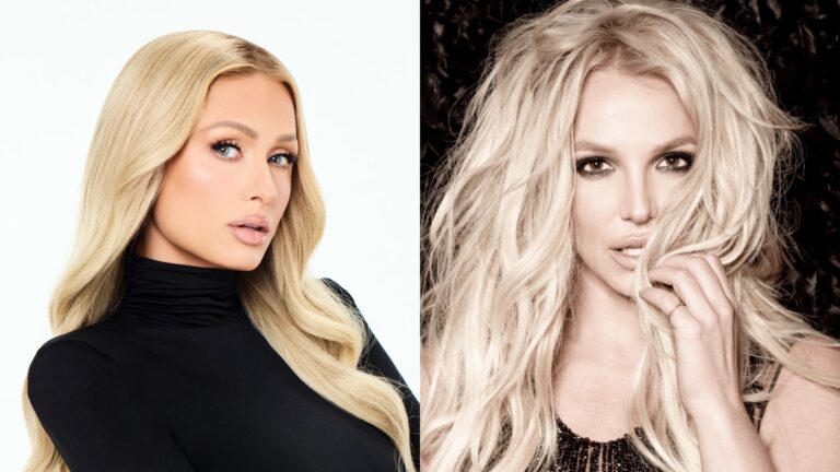 a composite of head and shoulders images of Paris and Britney, both in black tops with blonde hair