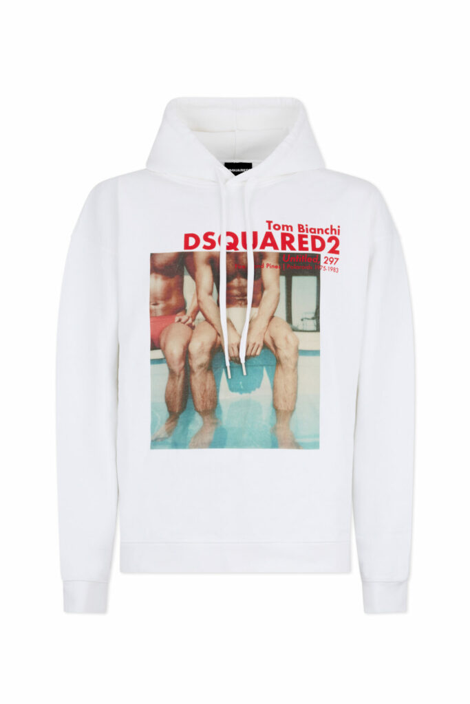 Product shot of a relaxed fit hoodie from the Tom Bianchi Dsquared2 collaboration for Pre-Spring/Summer 2026 featuring Polaroid Untitled, 297