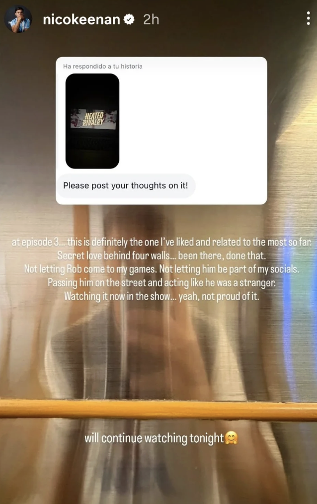 Nicolás Keenan revealing on Instagram why Heated Rivalry mirrors his early romance with Rob Jetten