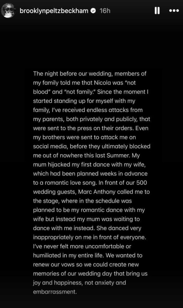 Brooklyn Beckham statement about Victoria dancing on him 