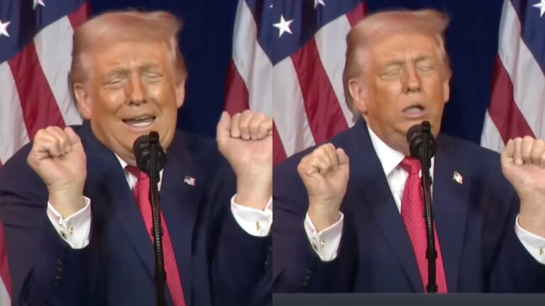 Donald Trump performing an impression of a trans weightlifter