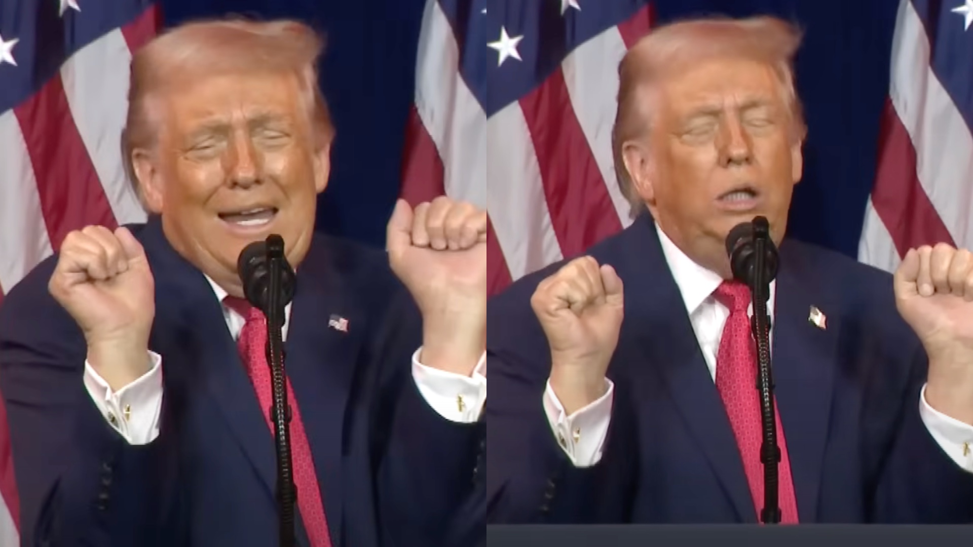 Donald Trump performing an impression of a trans weightlifter