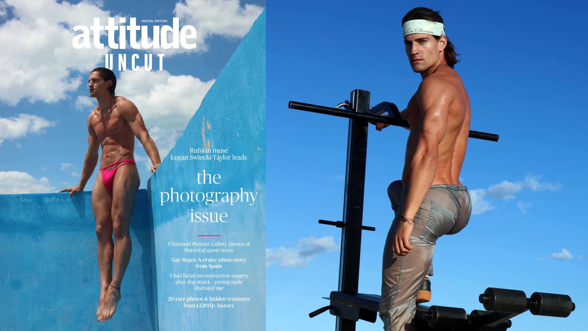 The cover of Attitude Uncut, left, with a picture of the model in pink unswear balancing on the edge of an empty swimming pool, and right, another picture of Rufskin muse Logan Swiecki-Taylor in exercise gear looking behind him (Images: Attitude Uncut/Rufskin)