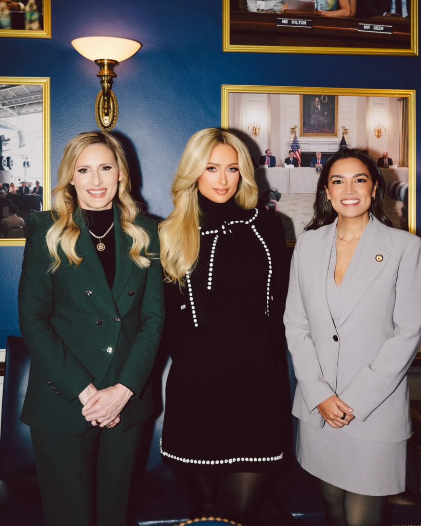 Laurel M. Lee, Paris Hilton and Alexandria Ocasio-Cortez posing together at Congress (Image: Amanda Belawski/@AMANDABFILMS)