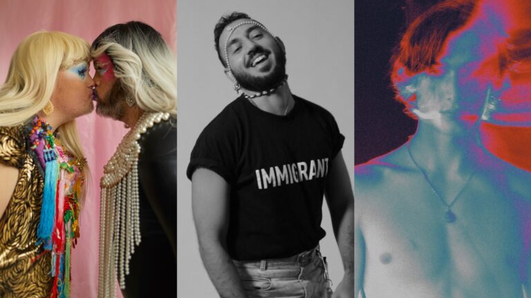 A composite of three images by the interviewee with a self-portrait in the middle, two drag queens on the left, and a topless man with overexposed color effects