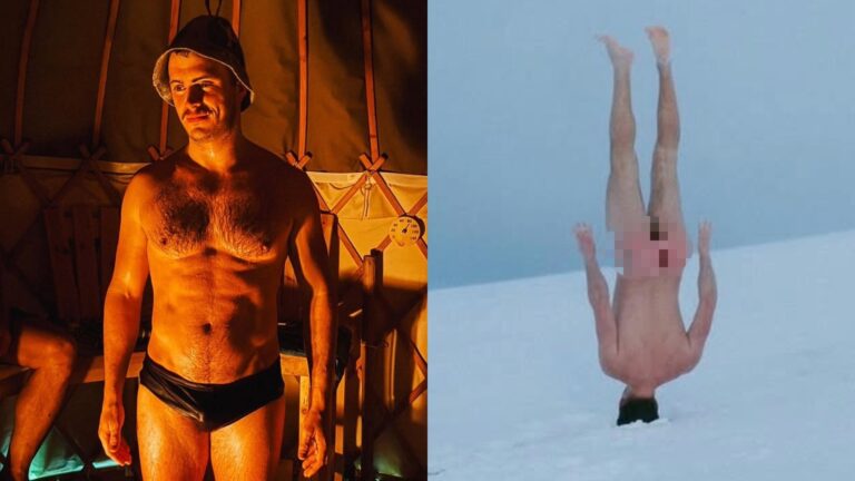 Matthew Hyndman shirtless and doing a headstand naked