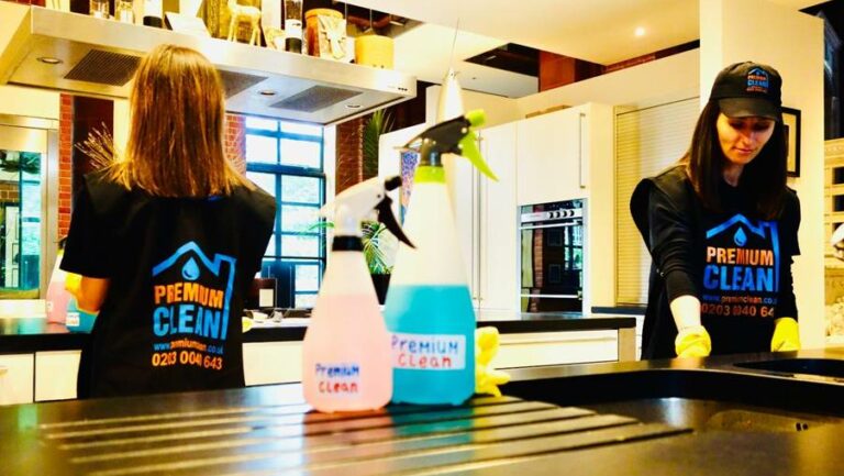Two people cleaning a kitchen with cleaning products in view