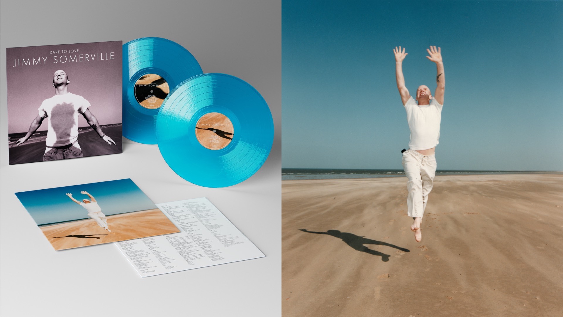 a composite of images: the vinyl out of the sleeve on the left, and on the right, Jimmy in white jumping into the air above sand with a blue sky
