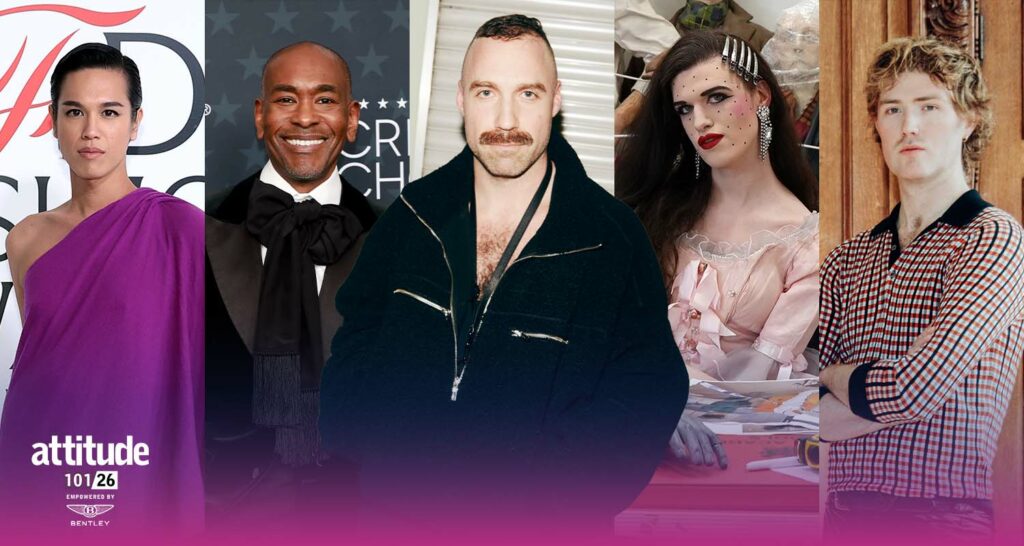 Alt text: Five Attitude 101 honourees shown side by side in individual portrait photographs. From left to right: a person in a purple one-shoulder outfit posing at an event backdrop; a person in a black tuxedo with a bow tie smiling on a red carpet; a person with a moustache wearing a dark zip-up jacket in a studio-style portrait; a person in a pale pink dress with decorative makeup and hair accessories seated at a table; and a person in a red-and-white patterned shirt standing with arms crossed. The Attitude 101 logo appears in the lower left corner.