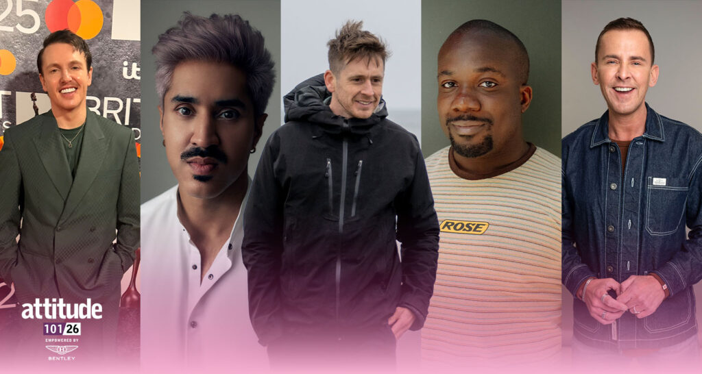 Five Attitude 101 honourees shown side by side in individual portrait photographs. From left to right: a person wearing a green suit at an event backdrop; a person with short styled hair and a moustache wearing a light shirt against a studio background; a person in a dark outdoor jacket standing in a natural setting; a person wearing a striped top against a green backdrop; and a person in a denim jacket smiling at the camera. The Attitude 101 logo appears in the lower left corner.