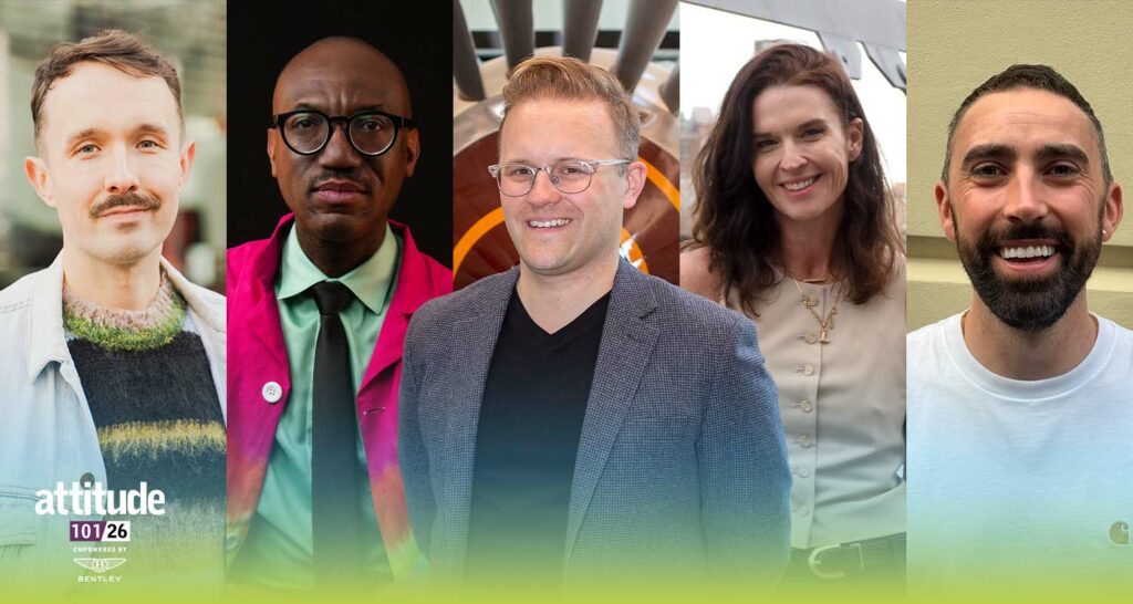 Five Attitude 101 honourees shown side by side in individual portrait photographs. From left to right: a person with a moustache wearing a light jacket over a patterned knit top outdoors; a person wearing round glasses, a bright pink jacket and a tie against a dark background; a person wearing glasses and a blazer, smiling in front of an architectural structure; a person with long hair wearing a sleeveless light-coloured top, smiling outdoors; and a person with short hair and a beard wearing a white T-shirt, smiling at the camera. The Attitude 101 logo appears in the lower left corner.