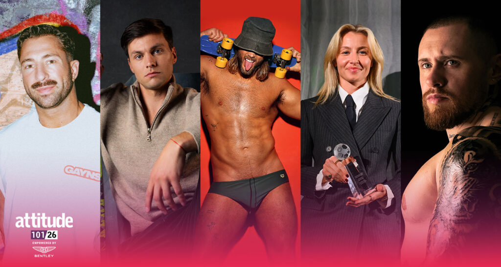 Five Attitude 101 honourees shown side by side in individual portraits. From left to right: a person with a moustache wearing a light blue T-shirt; a person in a beige zip-up top posing against a dark backdrop; a person wearing a bucket hat and briefs holding roller skates against a red background; a person in a tailored dark suit holding a trophy; and a person with a beard and visible arm tattoos posed in low light, with the Attitude 101 logo visible at the bottom.