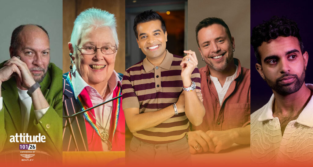 Five Attitude 101 honourees shown side by side in portrait photos, featuring a person in a green jacket, a person speaking at a podium, a smiling person in a striped polo shirt, a person in a rust-coloured shirt, and a person in a cream knit top, with the Attitude 101 logo visible in the corner.