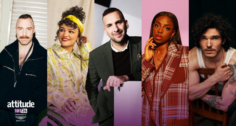 Composite image showing five people standing side by side against varied studio-style backgrounds. From left to right: Louis Gabriel Nouchi, Marissa Bode, Zack Polanski, Cat Burns, and Fra Fee. An Attitude 101, empowered by Bentley, logo appears in the corner, with a soft colour gradient overlay along the bottom of the image.